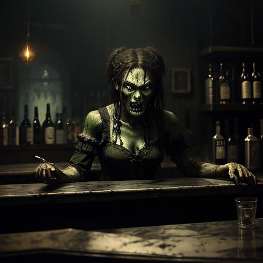 Horror Zombie Barmaid in Haunted Bar, Doré Style