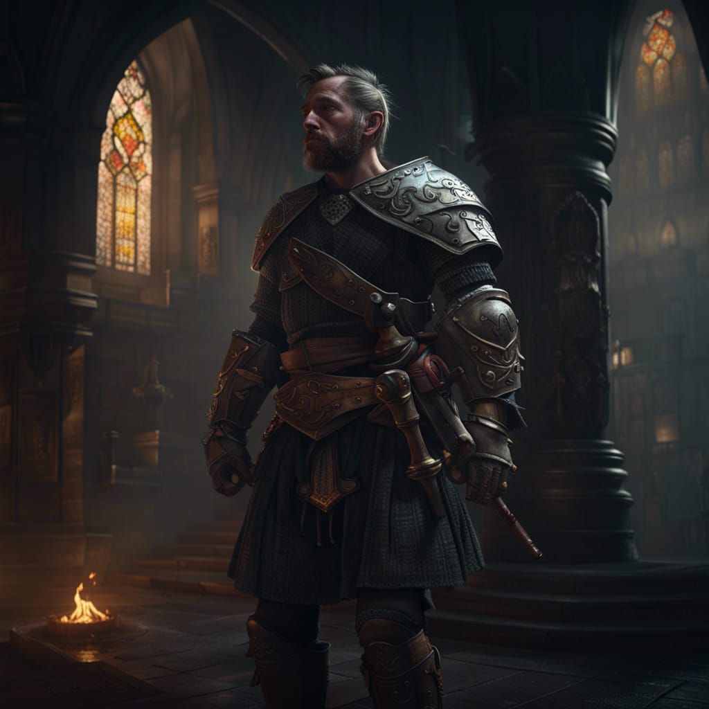 Dark Fantasy Knight in Kilt Wields Zweilhander
