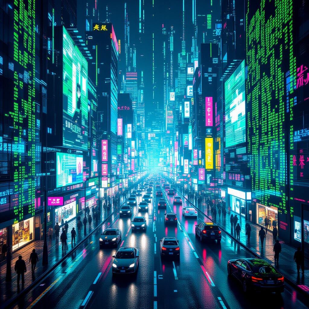 Cyberpunk City of Code: Luminous Green and Blue Streets