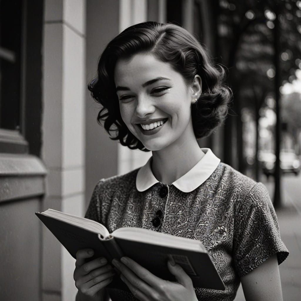 1950s Woman Laughs Holding Book in Vintage Portrait