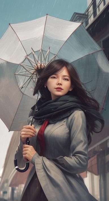 Woman with Umbrella in Strong Wind