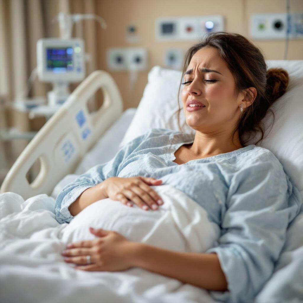 Woman in Labor Pushing in Hospital Bed