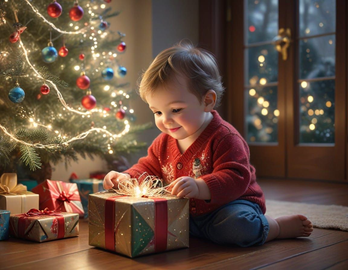 Cute Toddler Opens Christmas Present in Whimsical Style