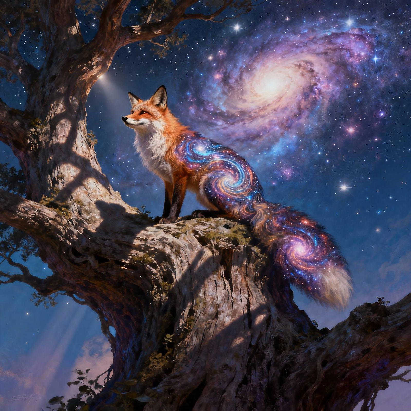 Cosmic Fox on Ancient Tree Under Starry Sky