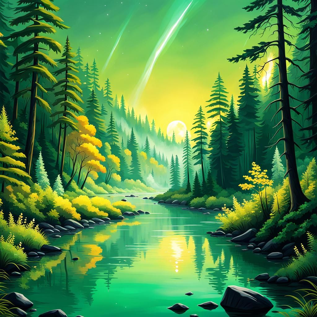 Lush Forest and River Under Comet Sky Wallpaper