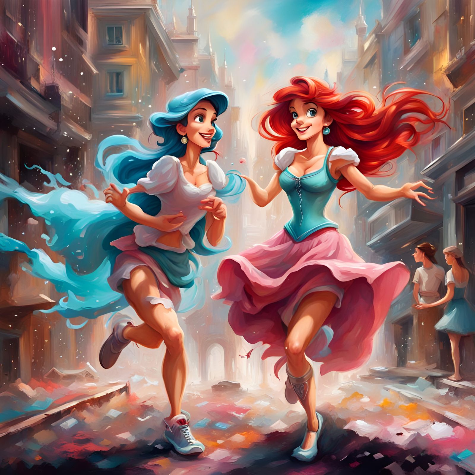 Ariel and Cinderella Marathon in Graffiti Art Style