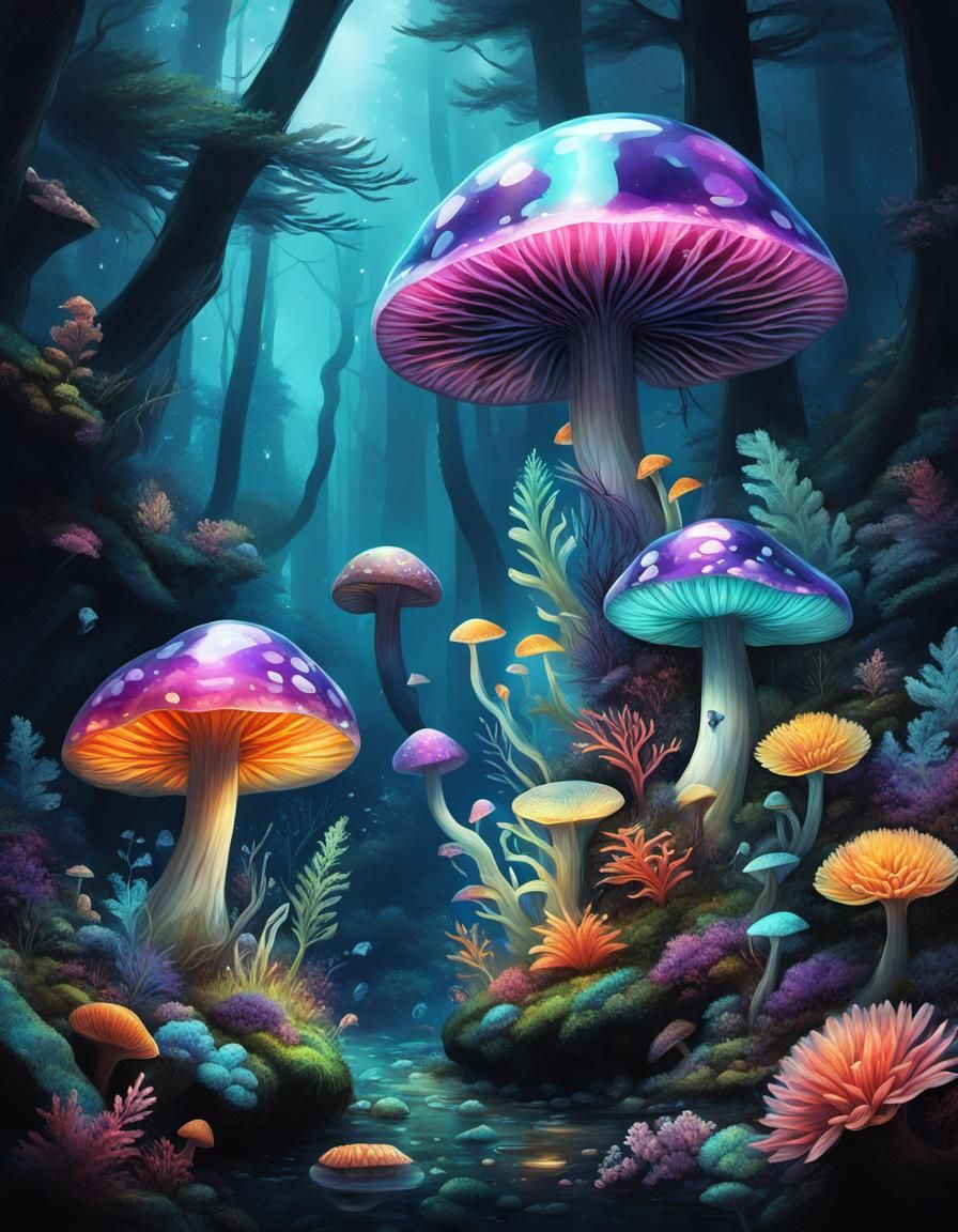 Hyperrealistic Flora in Luminous Seapunk Forest