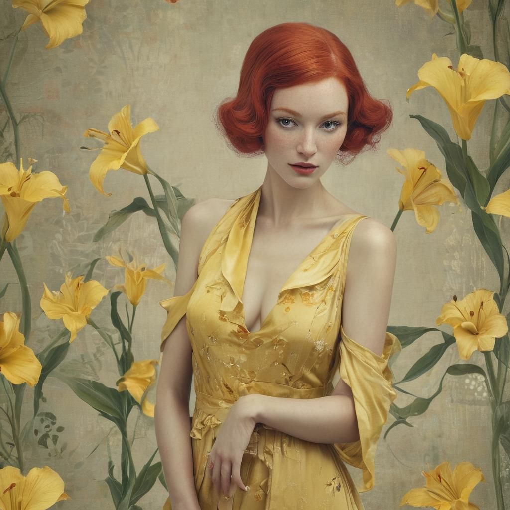 Red-Haired Woman with Lilies in Fairytale Style