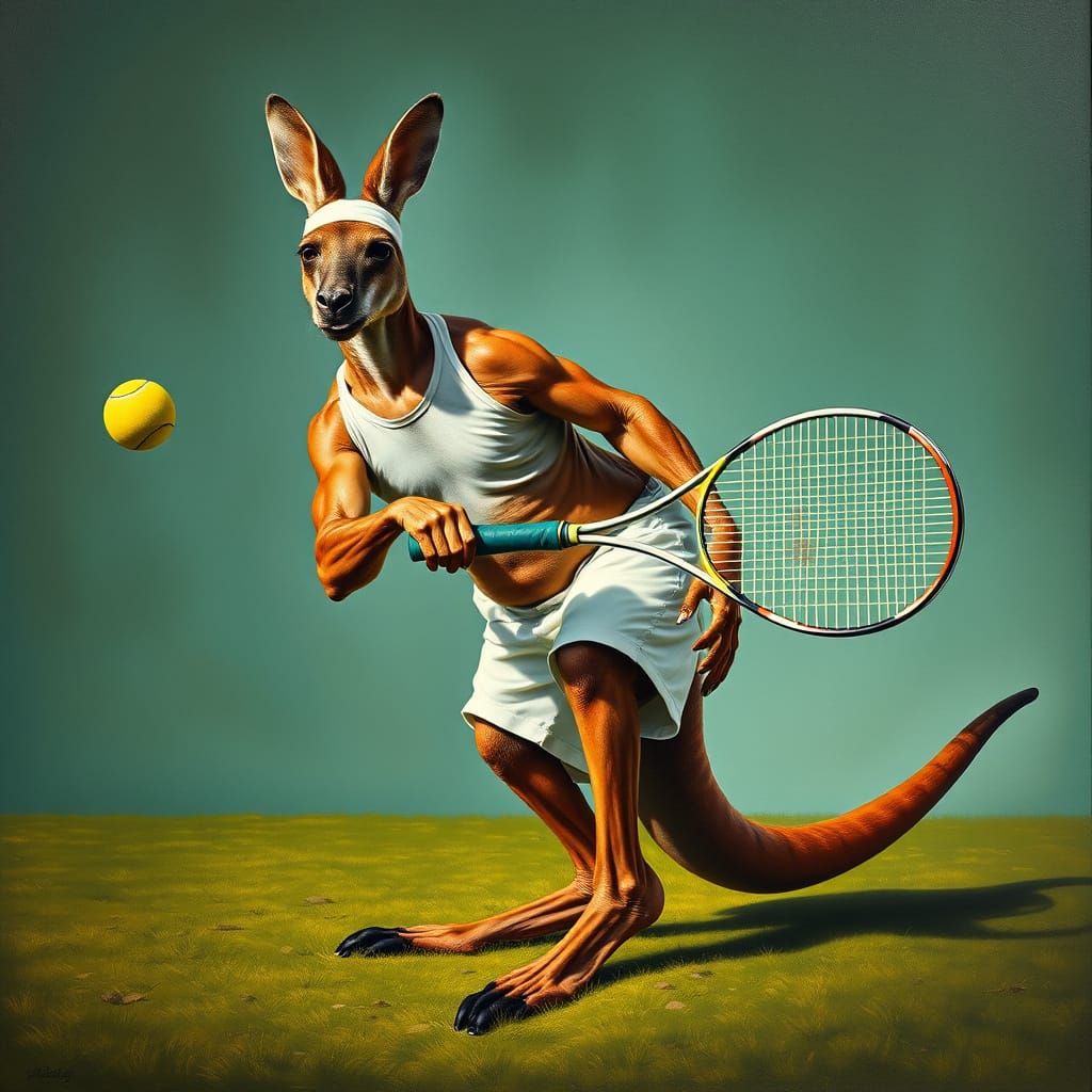 Kangaroo Plays Tennis in Surrealist Style