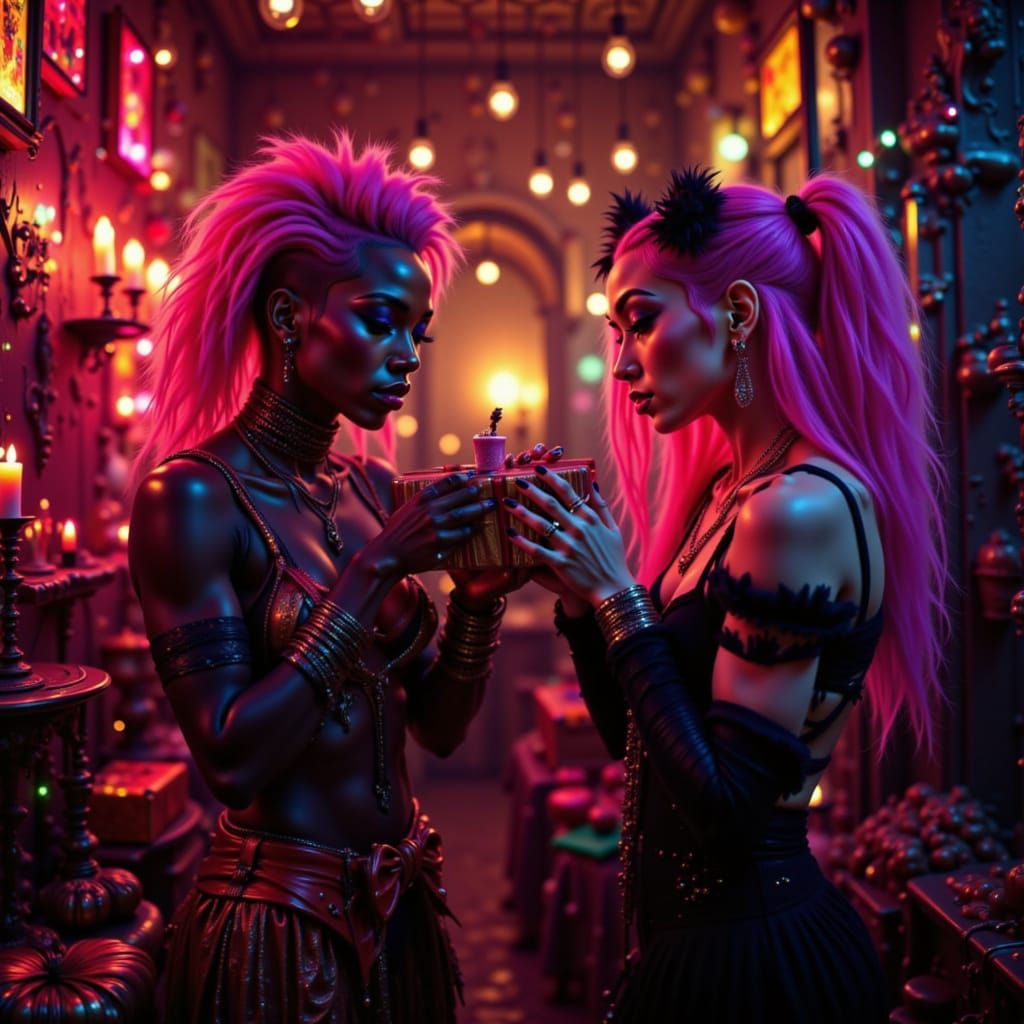 Vampire Couple's Neon Christmas Celebration in Crypt