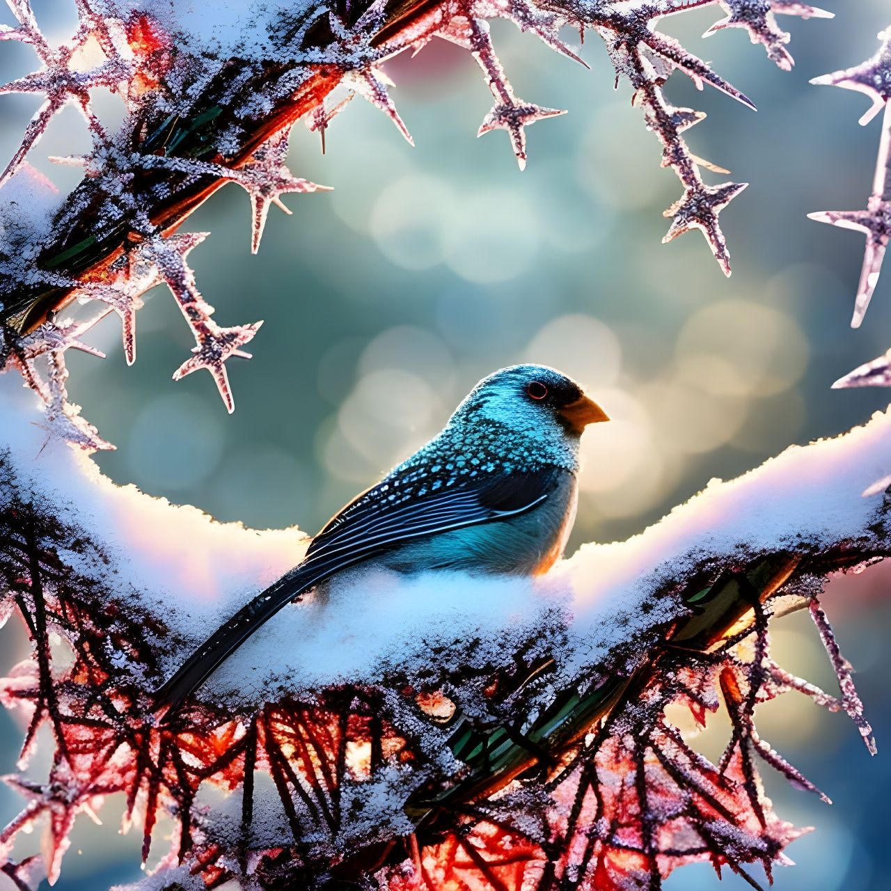 Fluffy Bluebird Nest Amid Winter Sunrise, Rococo Style