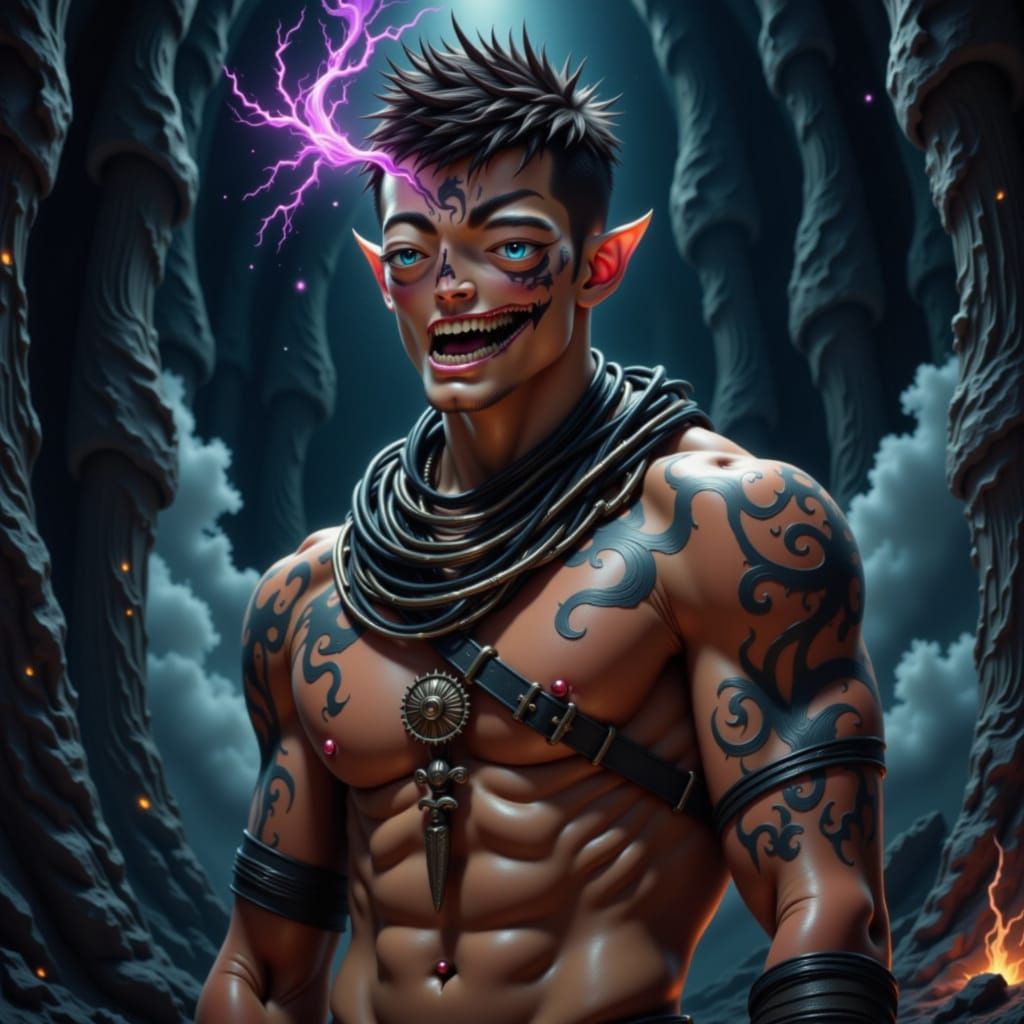 Fierce Warrior in War-Torn Landscape, Dark Realism Style