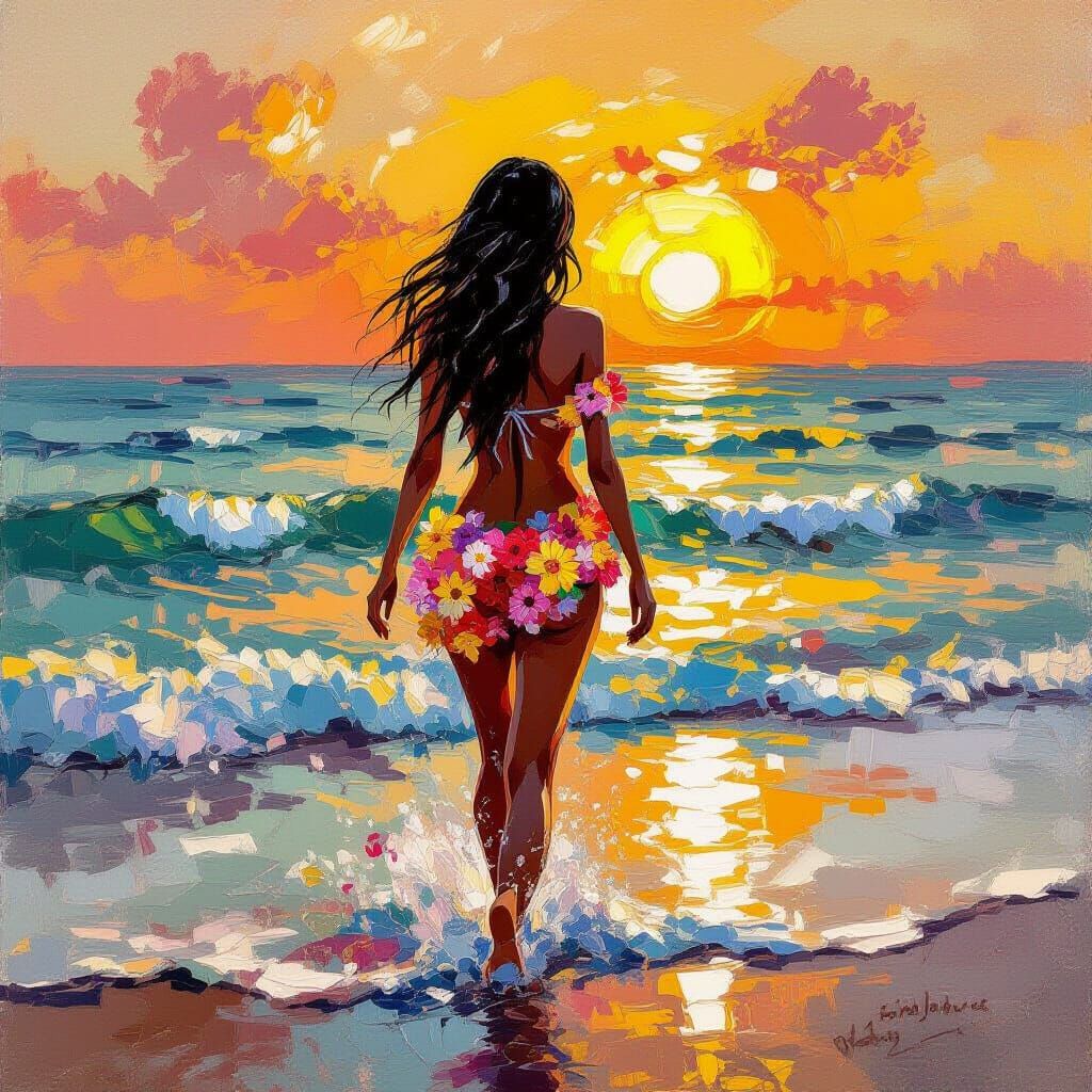 Asian Woman in Flower Bikini Enters Sunset Sea, Van Gogh Sty...