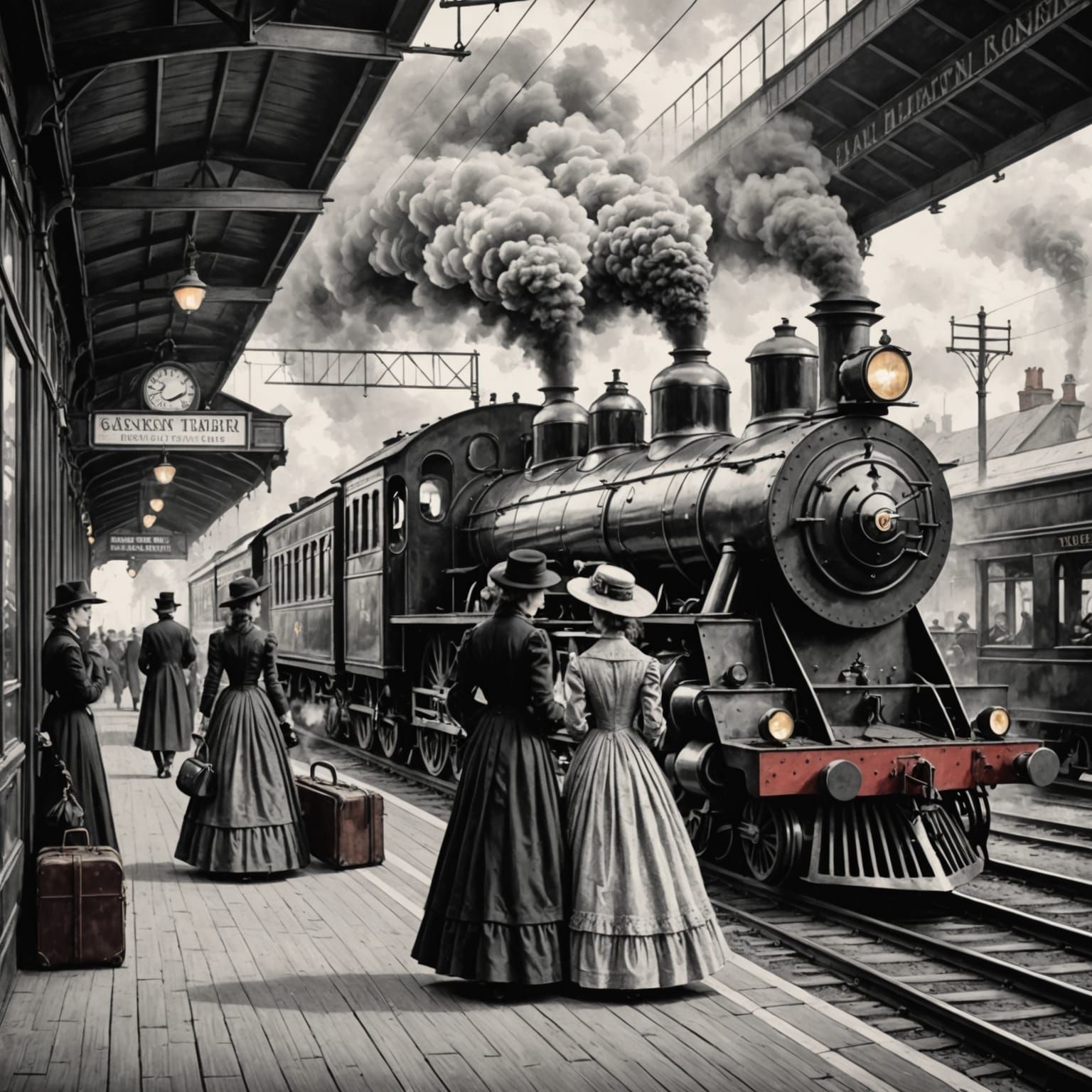 Victorian Train Station in Pencil Sketch Style