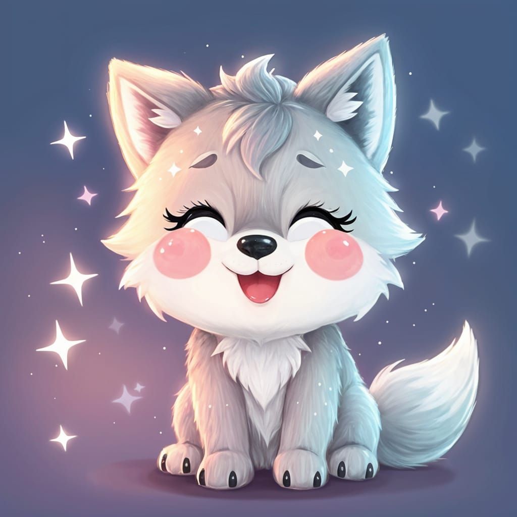 A happy little werewolf with a blushing face and sparkles all around.