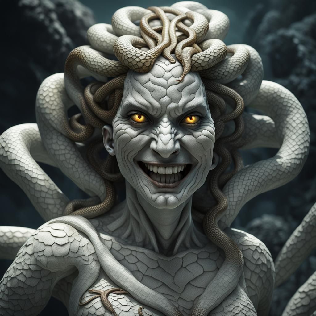 Sinister Smiling Medusa with Glowing Eyes in 8K