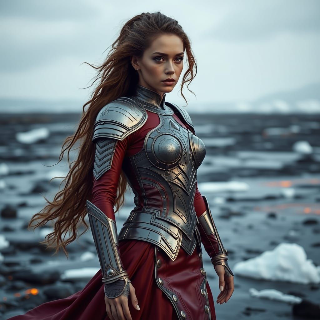 Elegant Woman Stands Proud in Iceland's Fiery Landscape