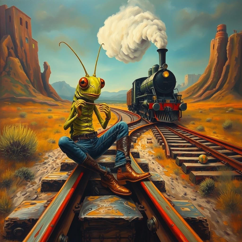 Grasshopper on Railroad Track in Dali-esque Landscape