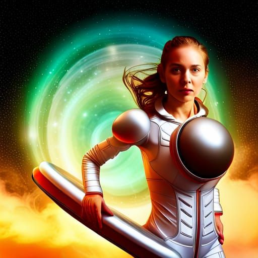 Futuristic Girl Races on Hoverboard Through Space