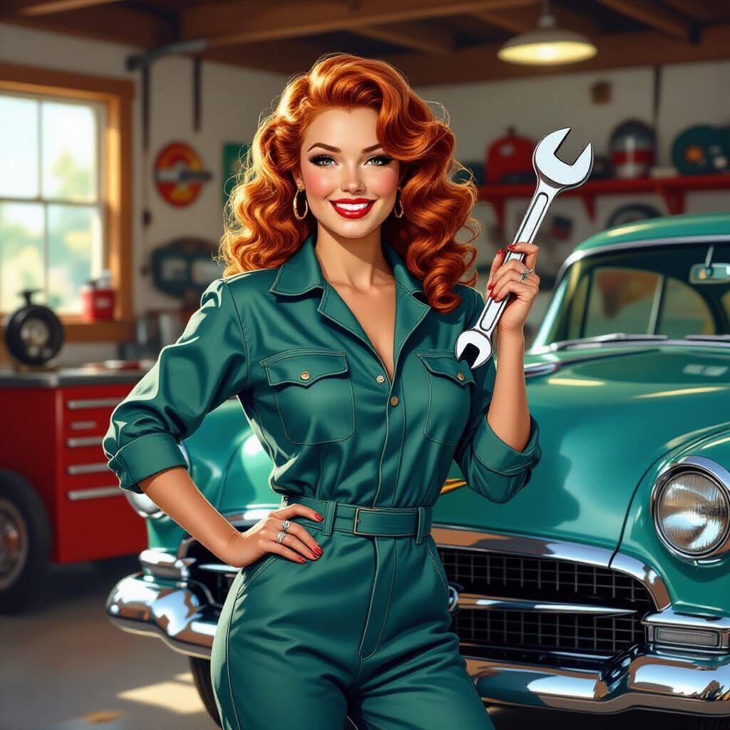 Retro Pin-Up Mechanic in 1950s Garage