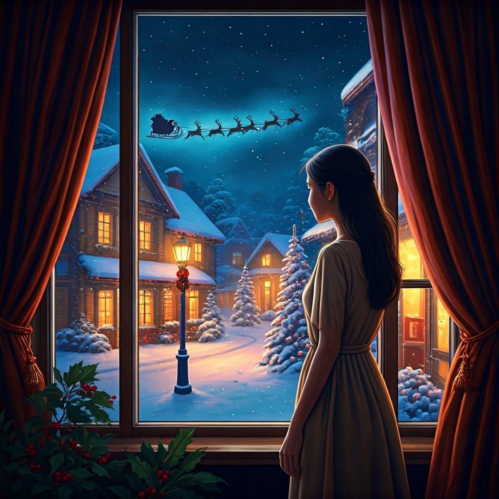 Elegant Thai Woman Gazes Out at Wonders of Magical Christmas...