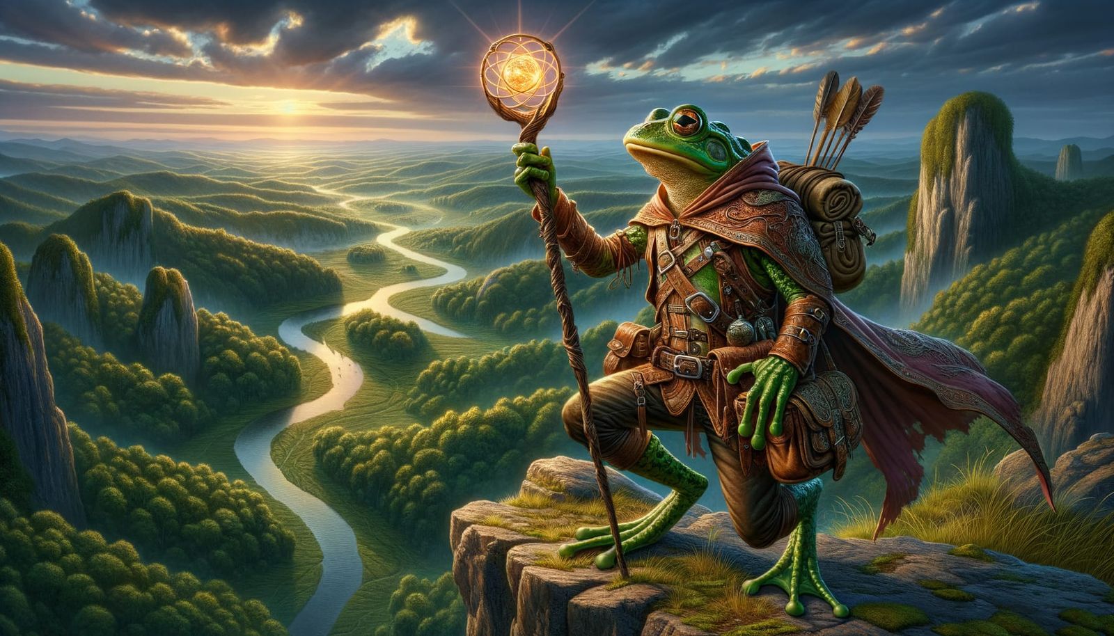 Frog Scout Overlooks Emerald Valley at Twilight