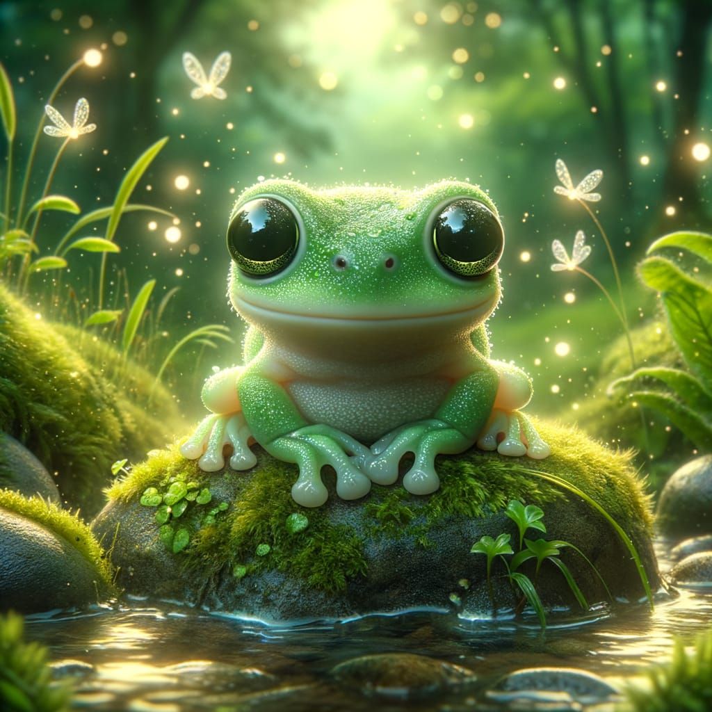 Cartoon Tree Frog in Magical Creek at Night