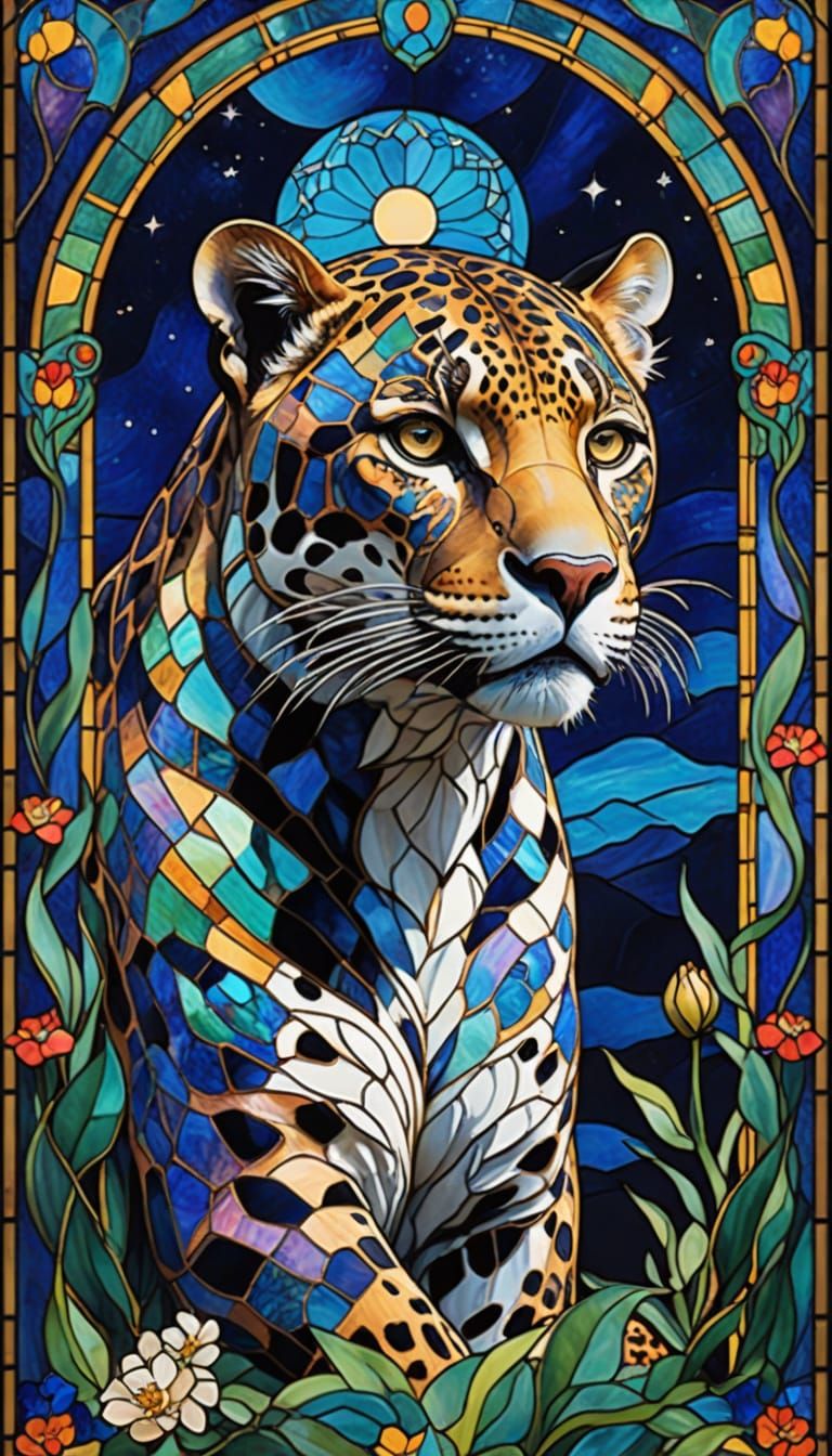 Art Nouveau Jaguar in Moonlit Night Sky