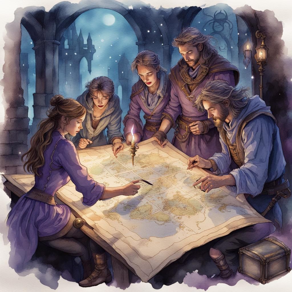 Fantasy Adventurers Study Magical Treasure Map