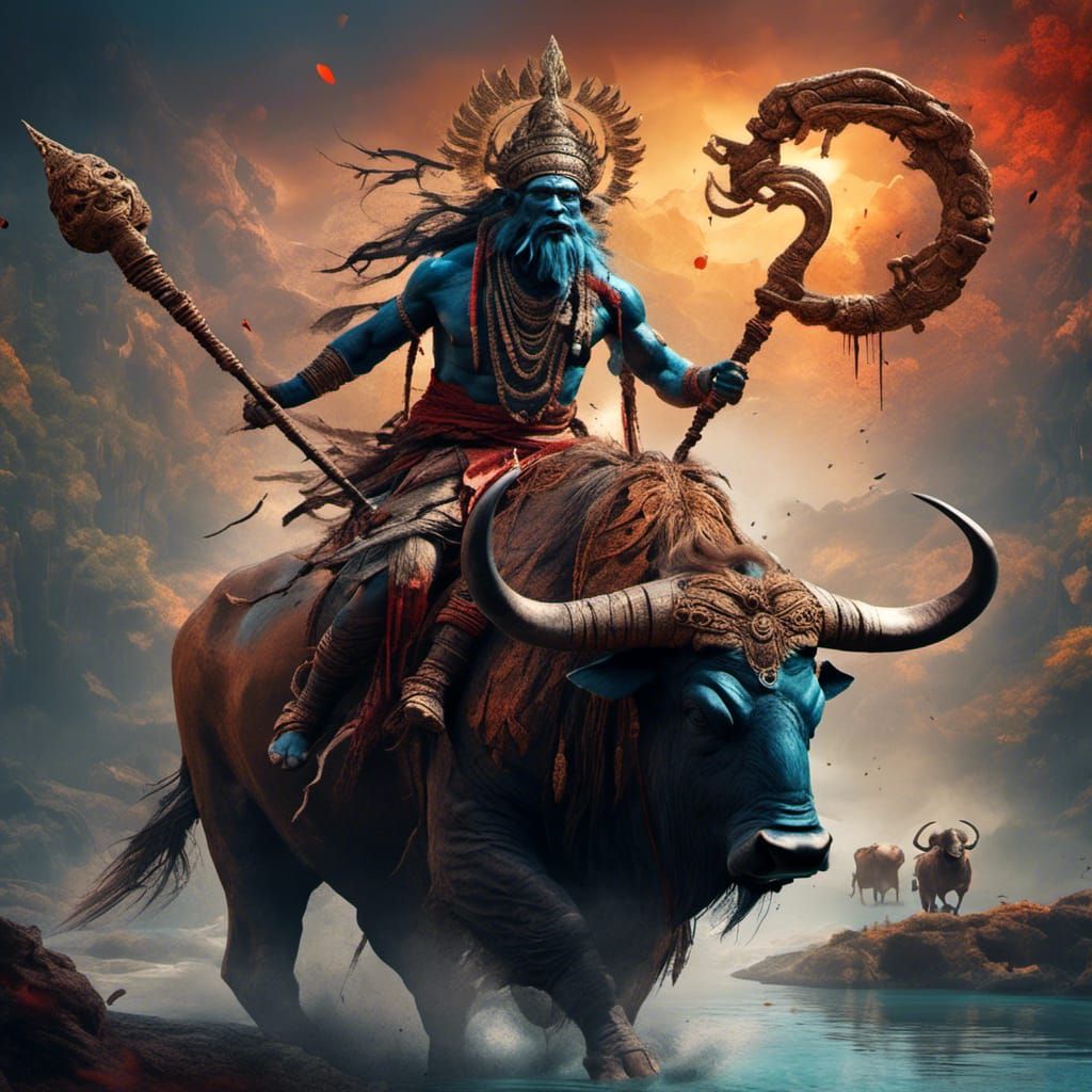 Yama, Indian God of Death, on Water Buffalo