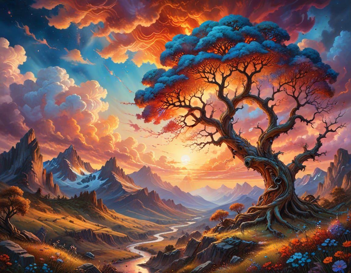 Surreal Mountain Arches at Sunset in Oil