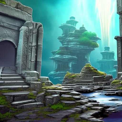 Mystical Atlantis Game Level with Waterfall Ruins