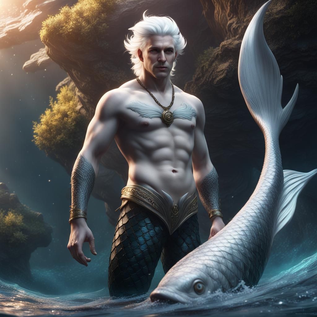 White-Haired Merman with Black Tail Fantasy Art