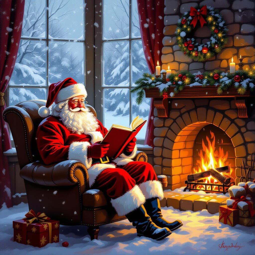 Santa Reading by Fireplace in Snowy Night Oil Painting