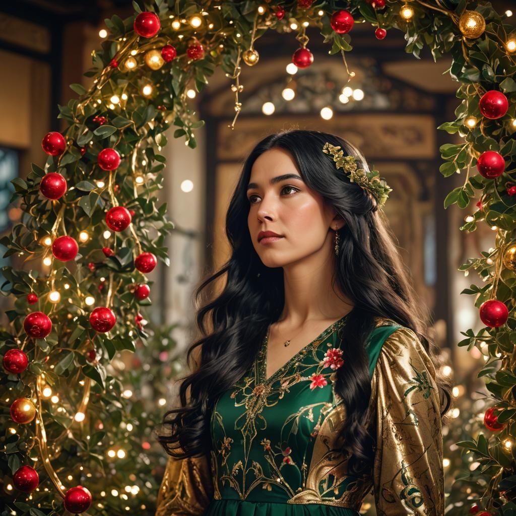 Jugendstil Girl in Christmas Setting with Bokeh Lights
