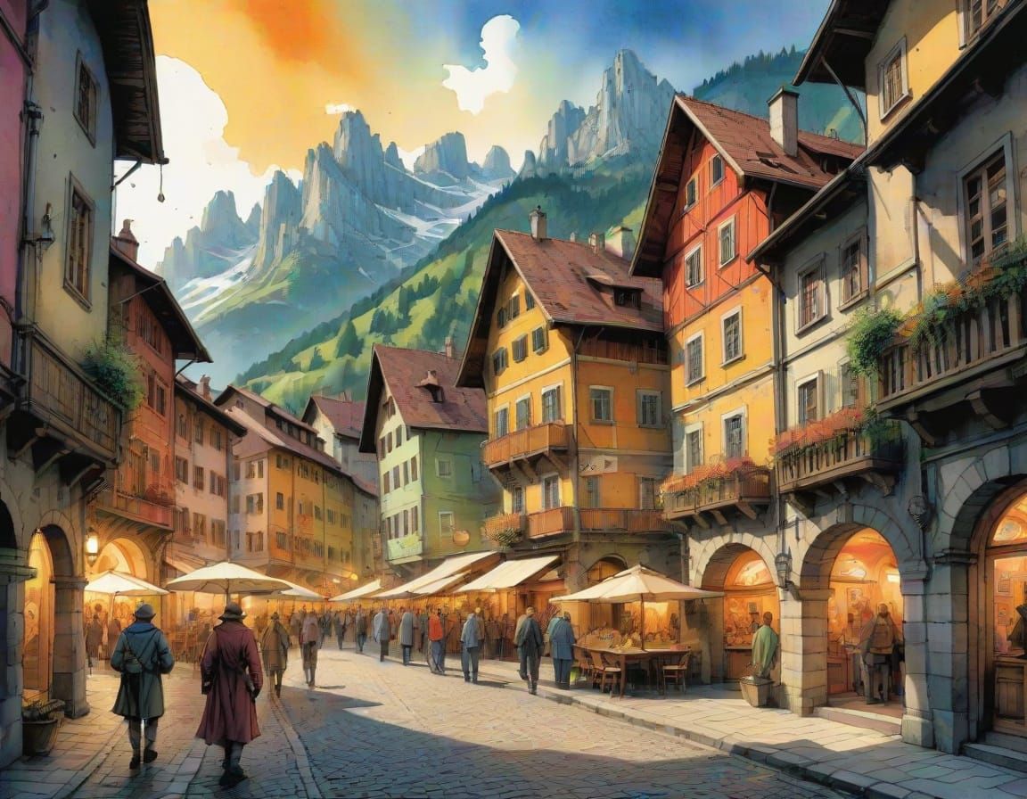 Vibrant Watercolor Laubengasse Street Scene