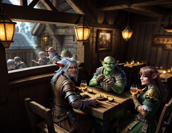 Three Goblins Enjoying Cocktails in Rustic Tavern