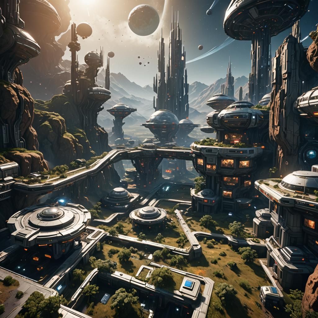 Detailed Space Colony in 3D Game Style