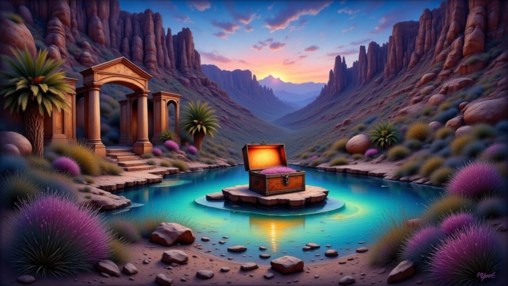 Majestic Desert Oasis at Twilight with Ancient Ruins