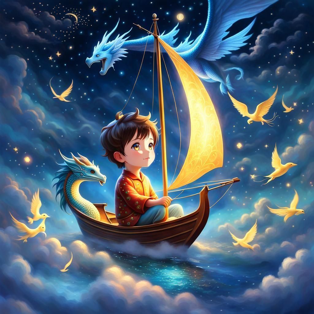 Boy's Whimsical Voyage Through Starry Night Sky