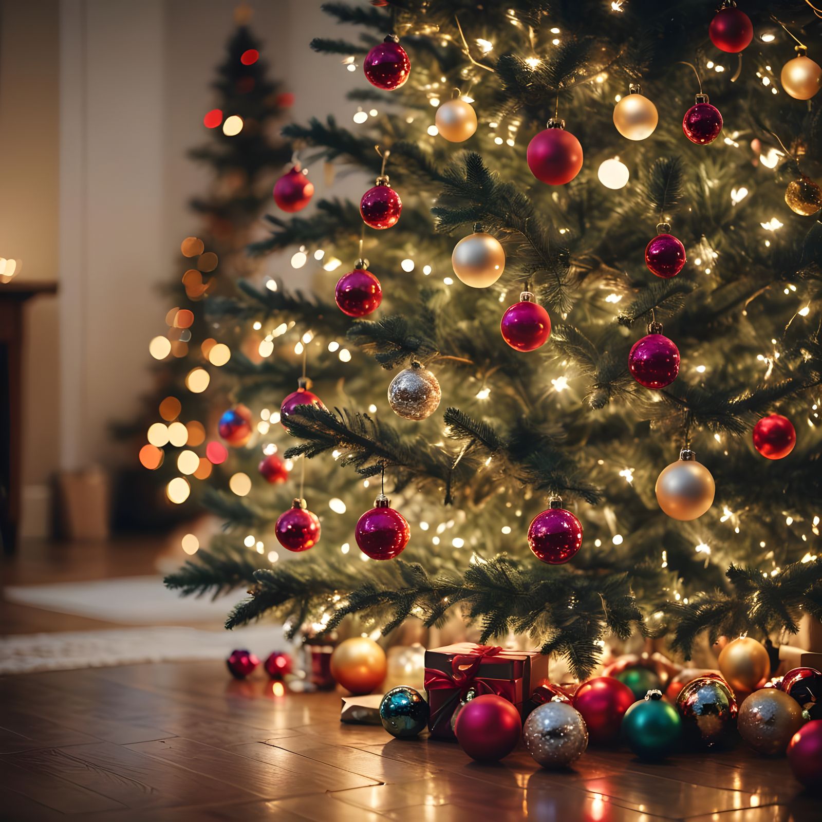 Christmas Tree Glows in Dimly Lit Room
