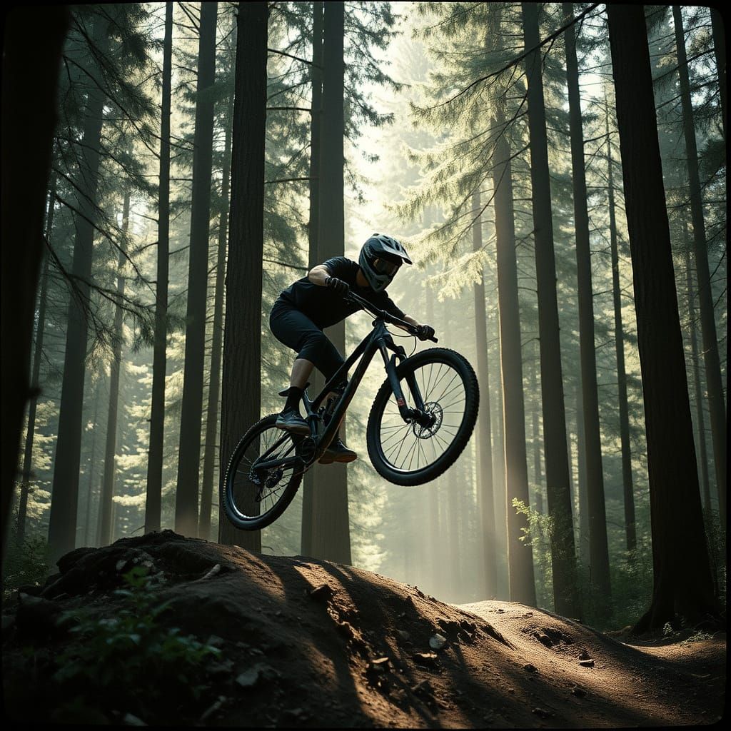 Mountain Biker Jumps in Forest: Cinematic Film Still