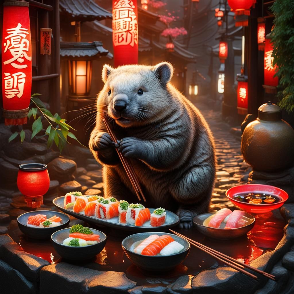 Wombat Savoring Sushi in Tokyo Alleyway