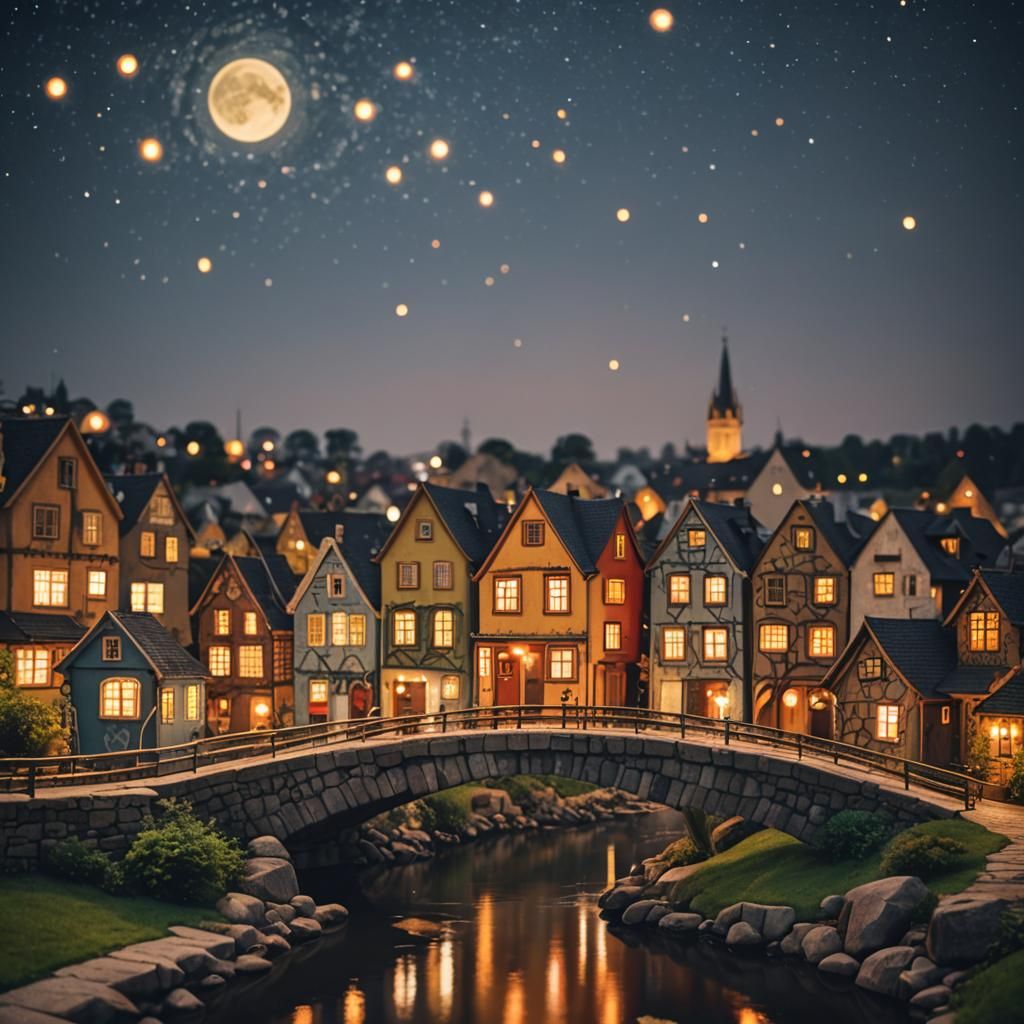 Art Brut Bridge with Wacky Houses at Night