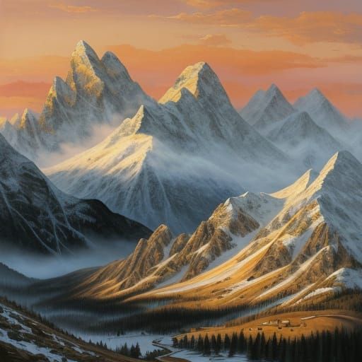Vibrant Oil Painting of Majestic Alpine Landscape at Golden ...