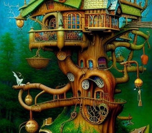 Surreal Treehouse Landscape in Fantasy Art Style