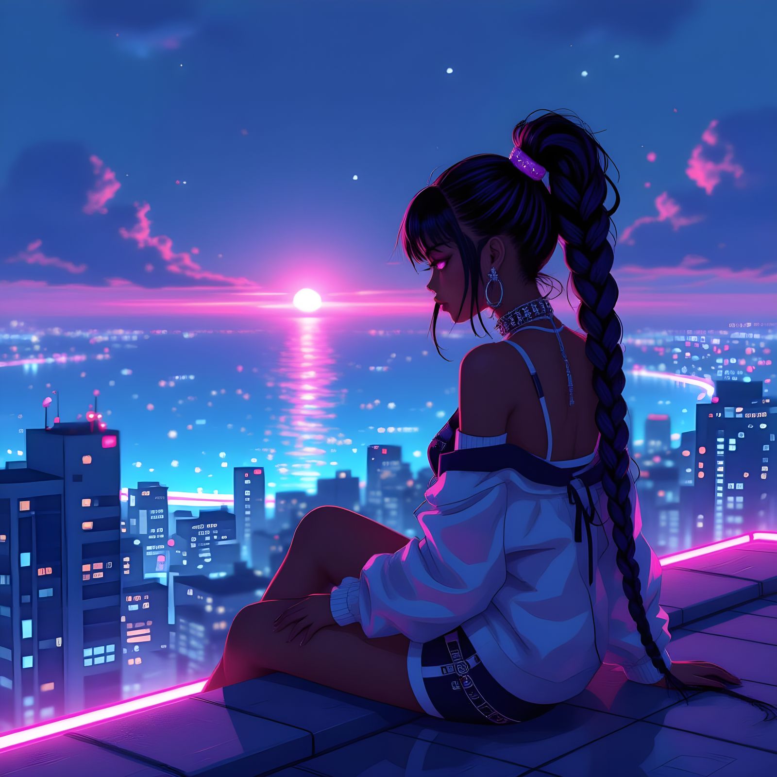 Gyaru Girl in Futuristic Tokyo, Anime Style