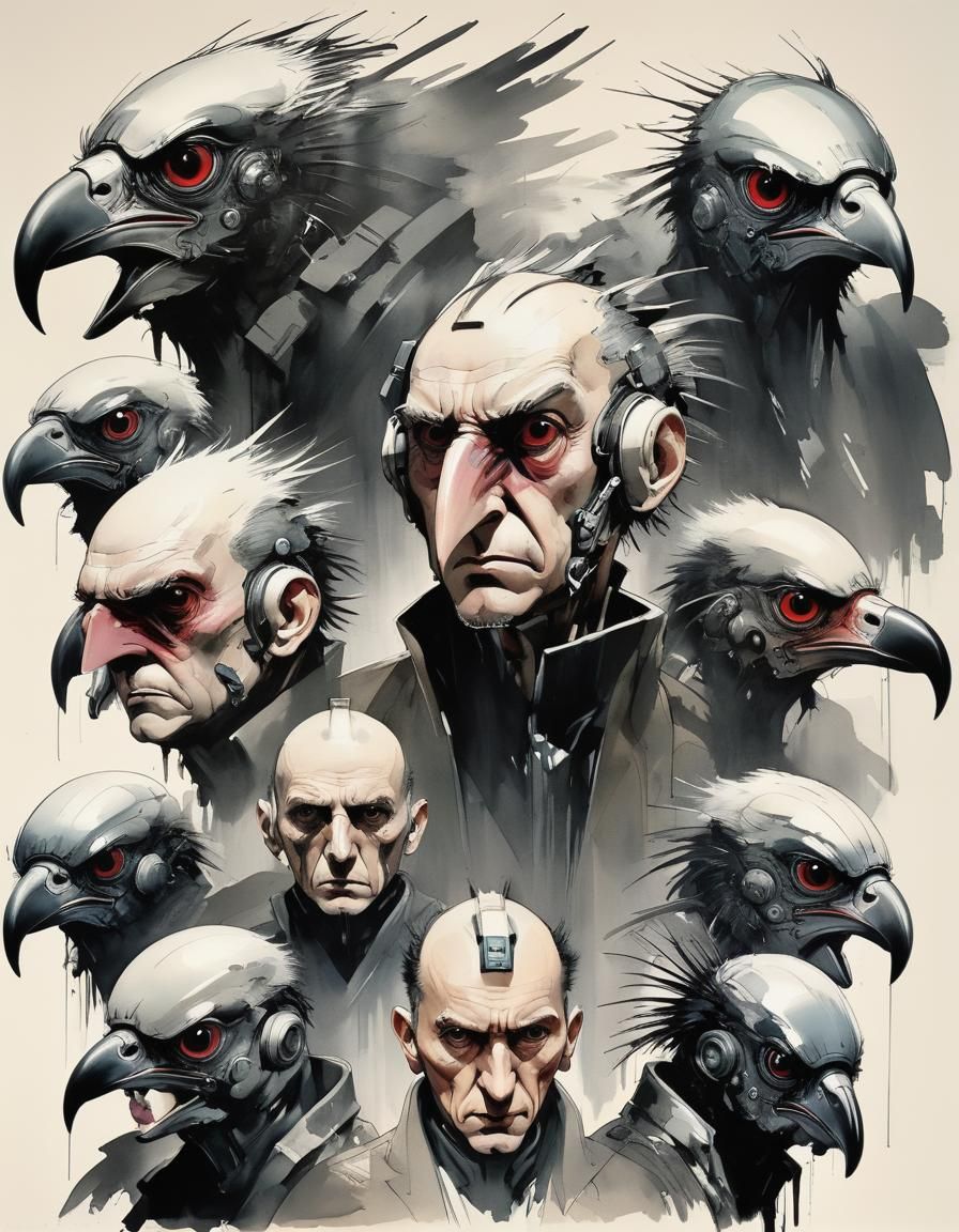 Futuristic Vulture Heads in Cyberpunk Style