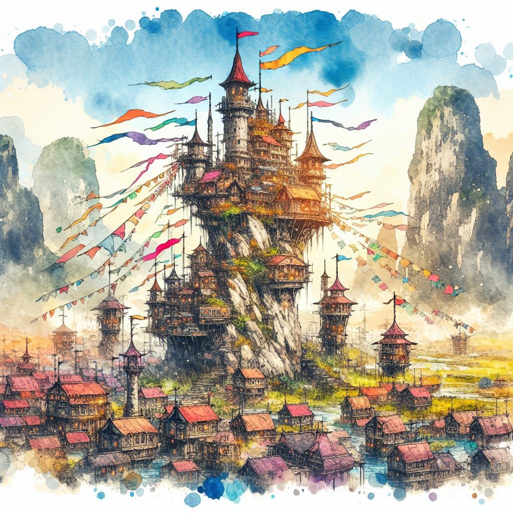 Vibrant Tower Village on Rock Pillar with Colorful Banners