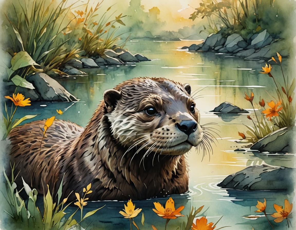 Playful Otter Enjoying Sunrise in Watercolor Style